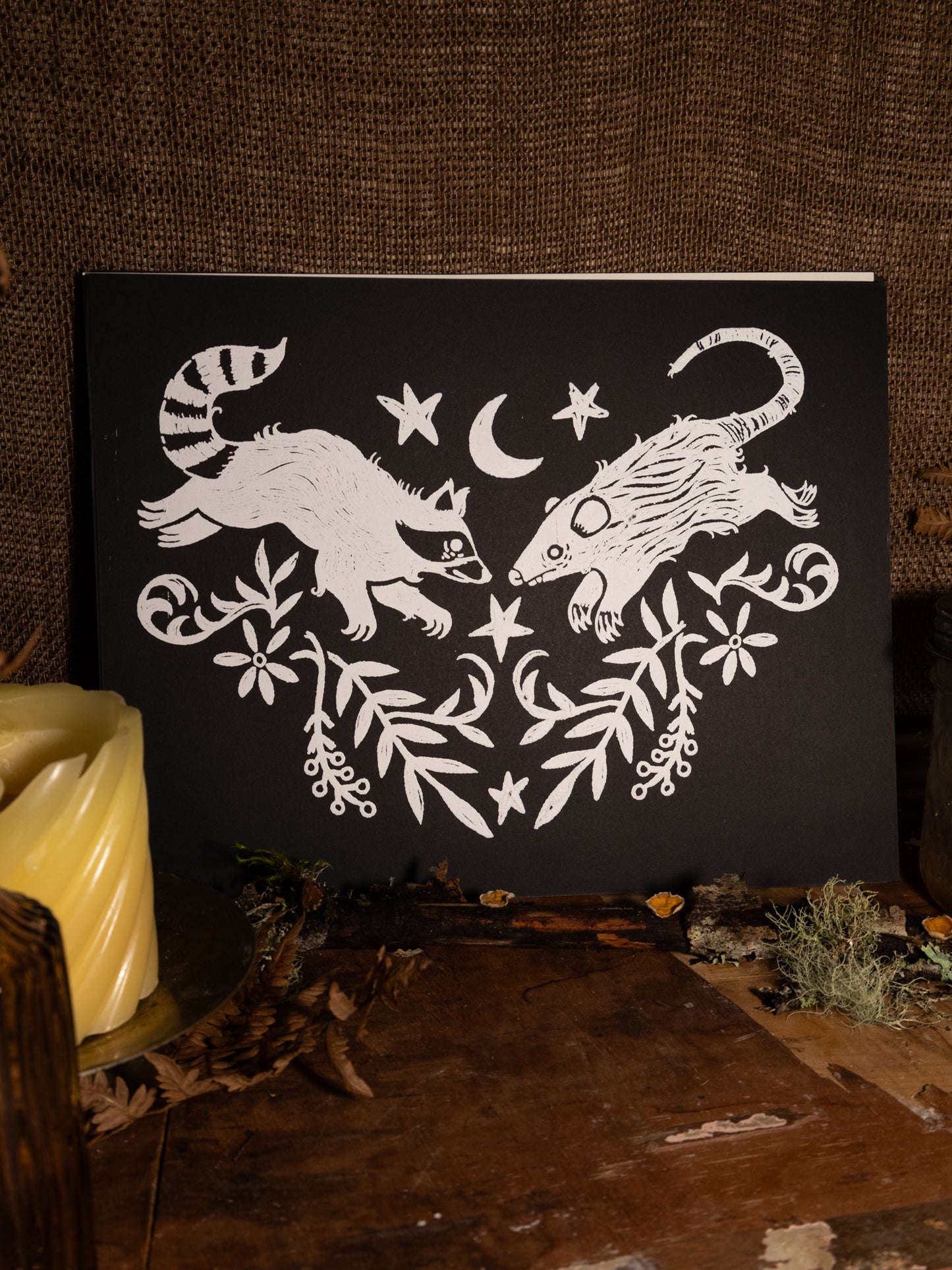 Raccoon & Opossum Handmade Print