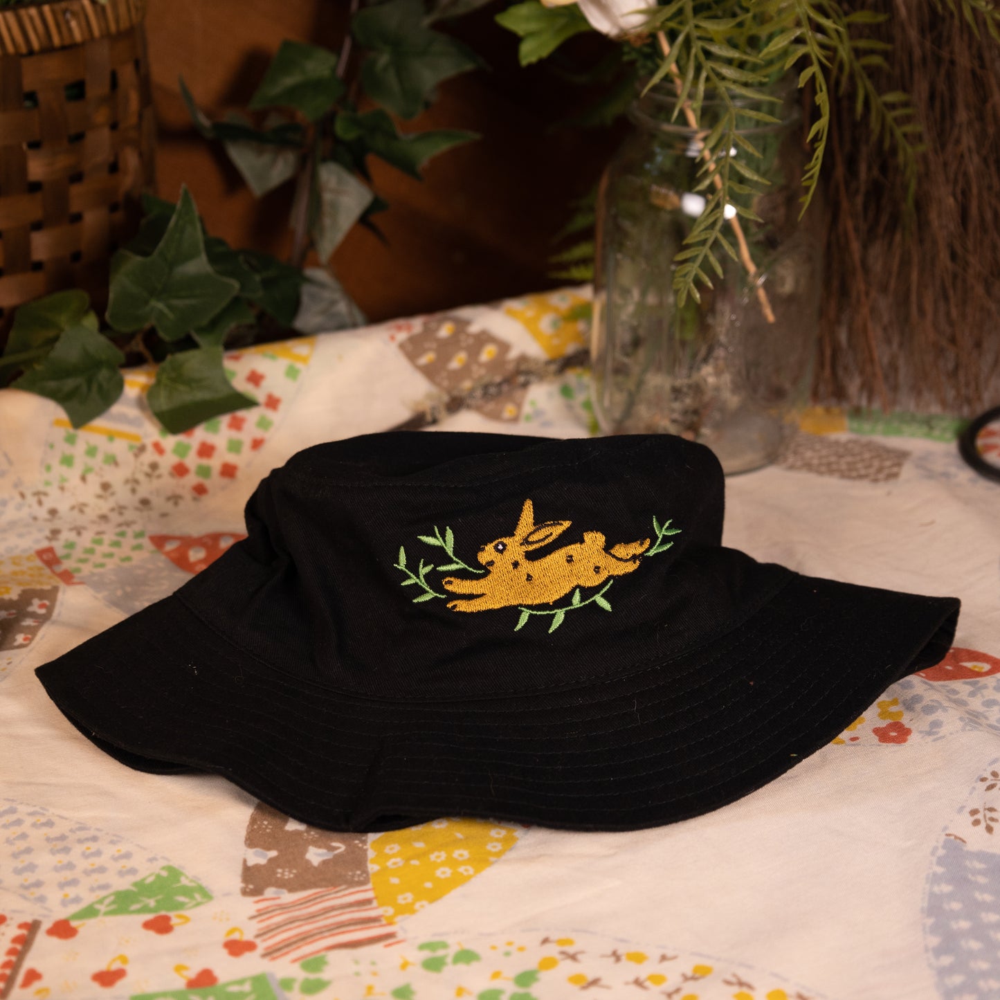 Leapin' Bunny Embroidered Black Bucket Hat