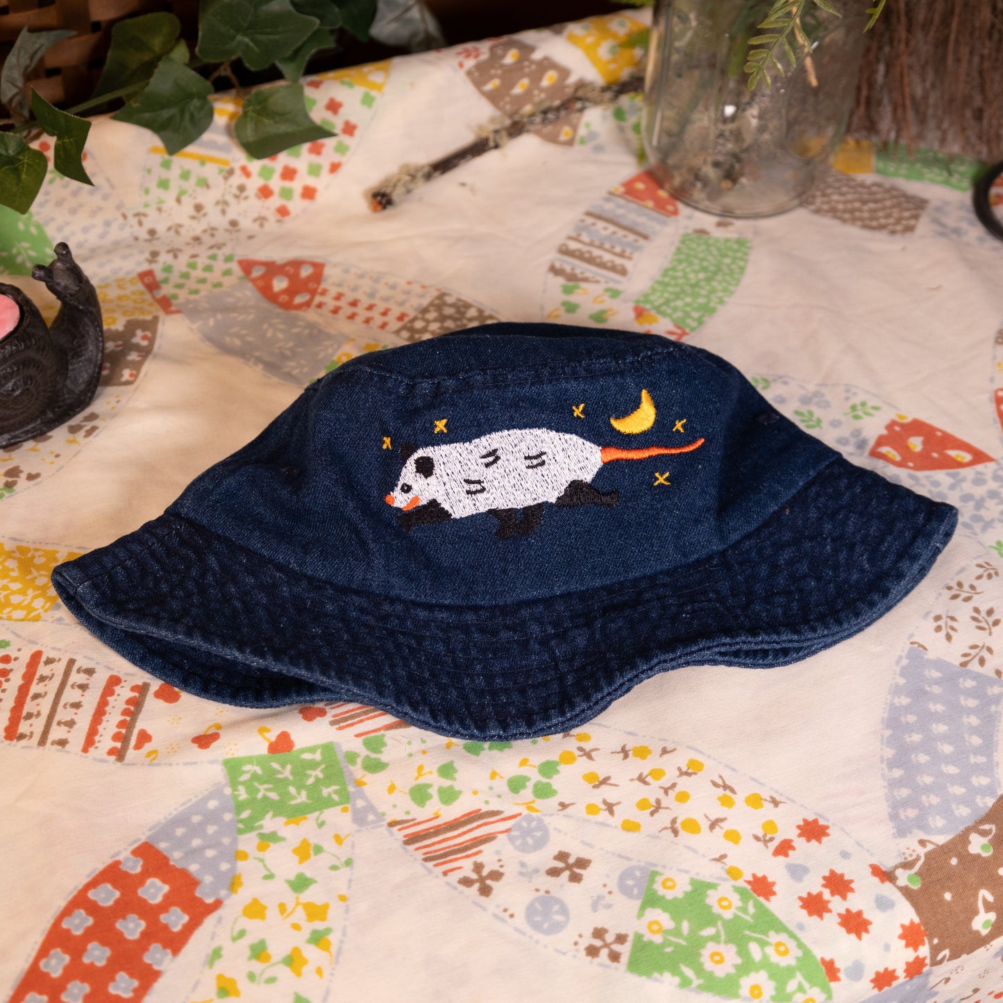 Opossum Embroidered Blue Denim Bucket Hat