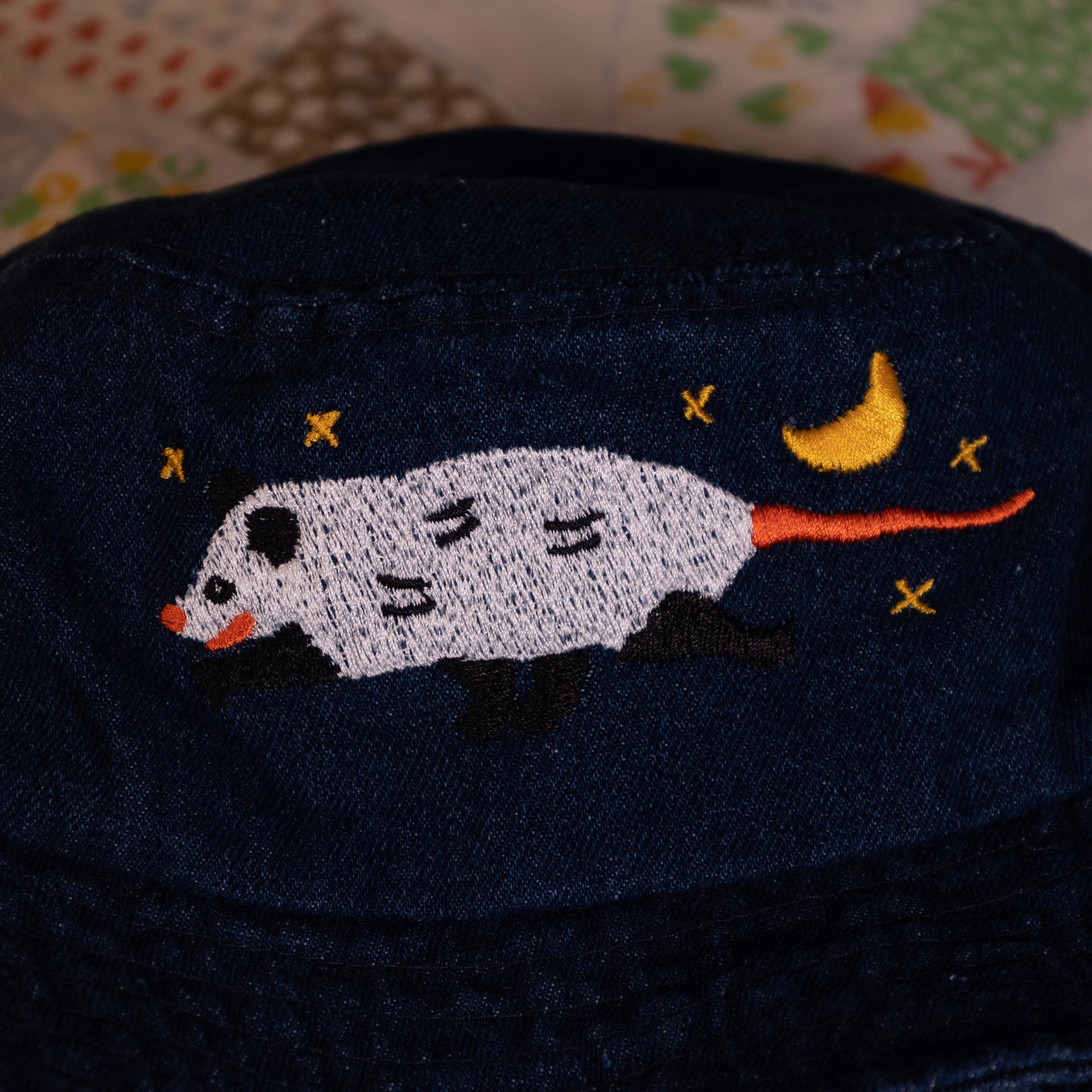 Opossum Embroidered Blue Denim Bucket Hat