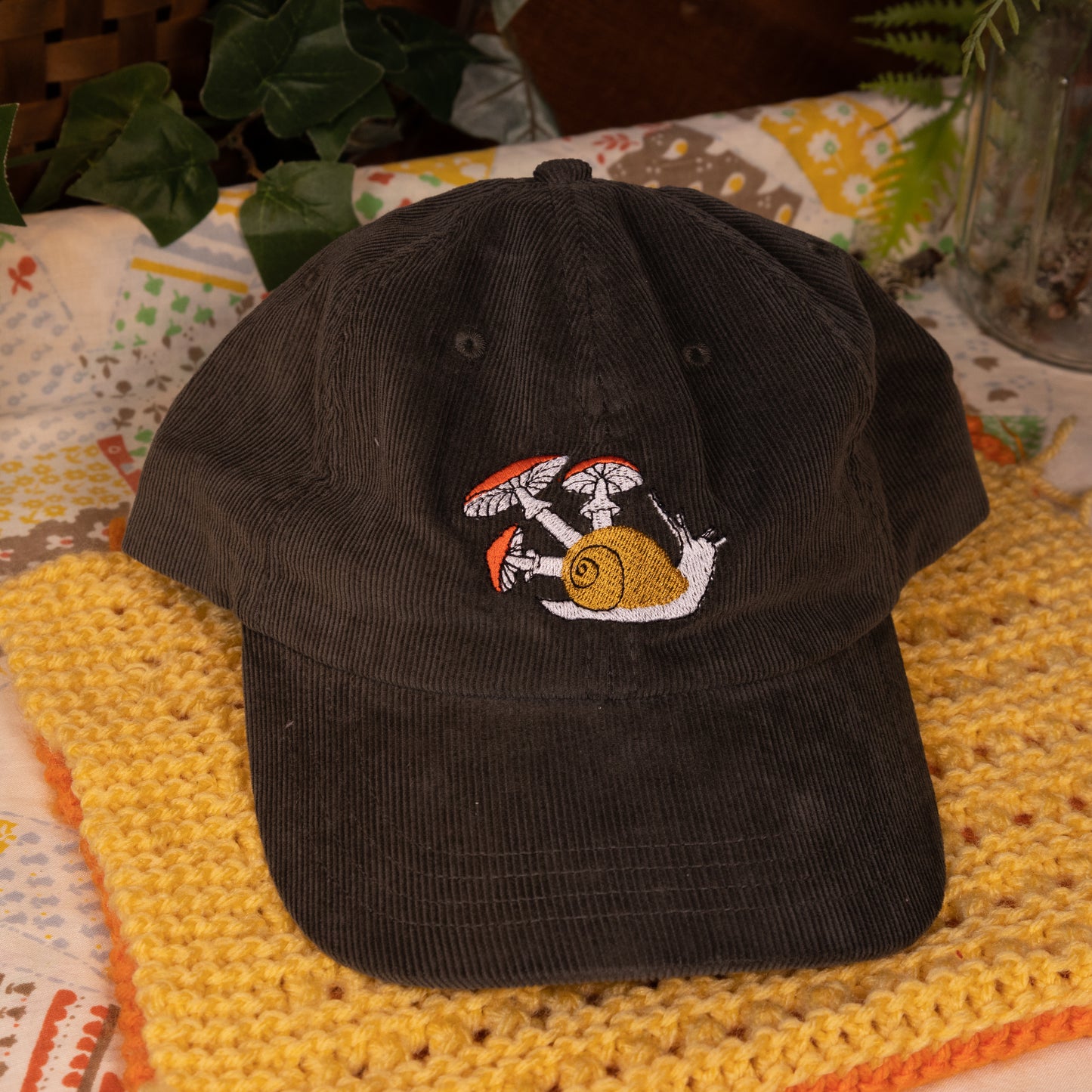 Mushroom Snail Olive Embroidered Corduroy Cap