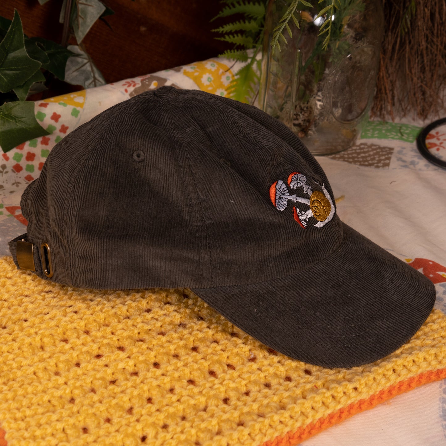 Mushroom Snail Olive Embroidered Corduroy Cap
