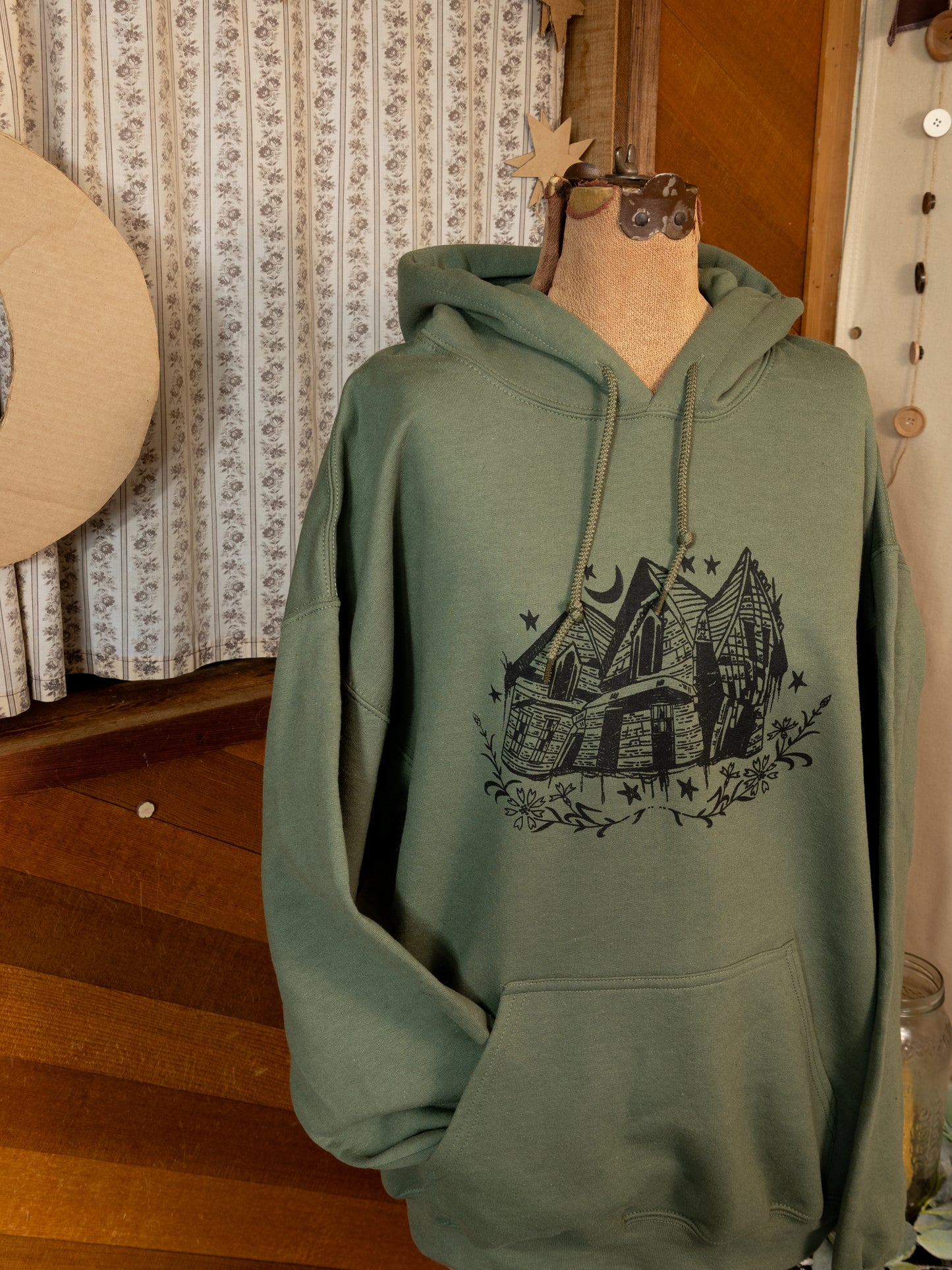 Crooked House Hoodie in Forest Green