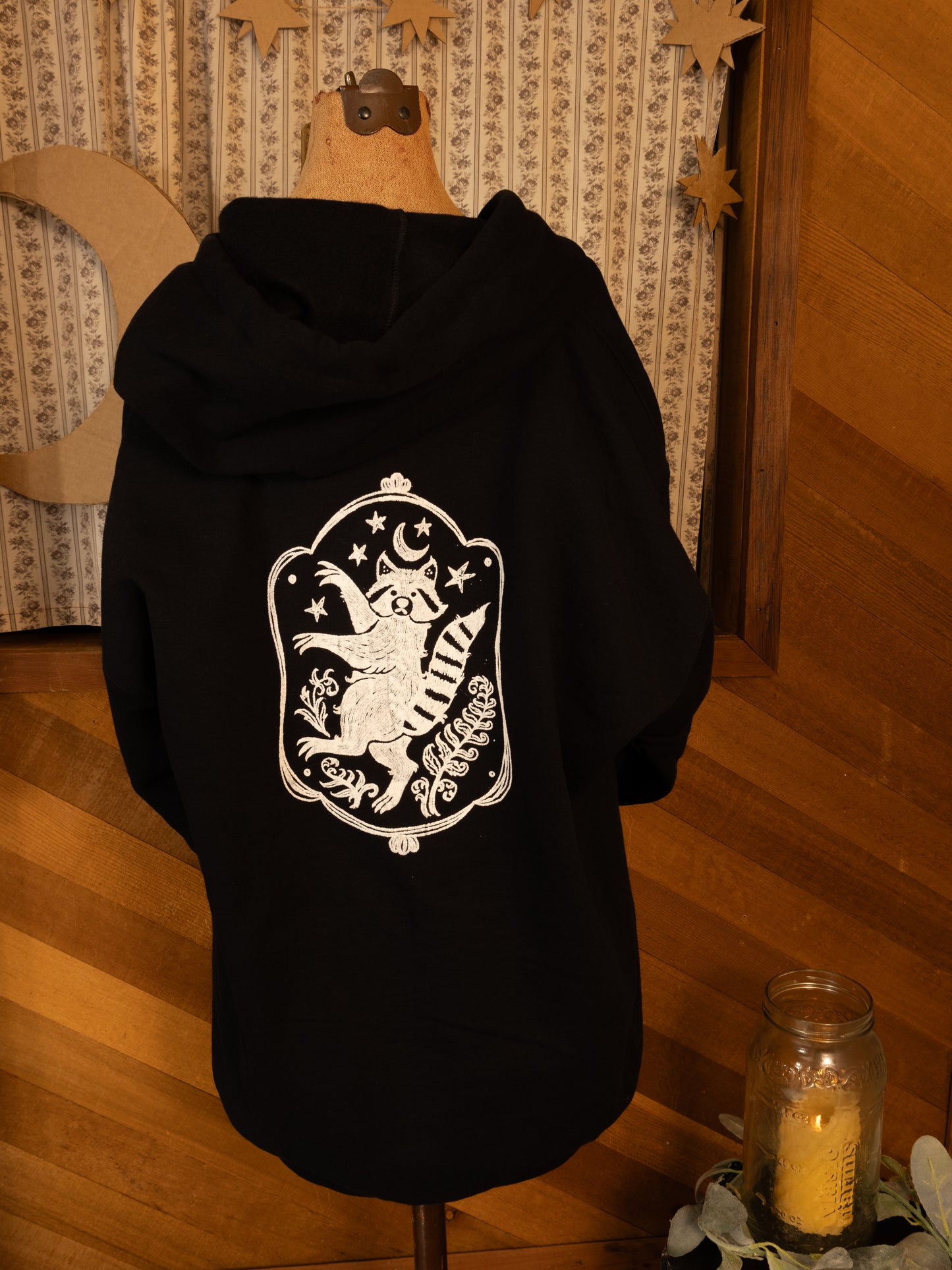 Raccoon Portrait Zip-Up Hoodie in Pitch Black