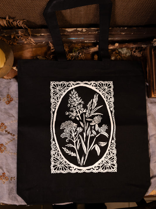 Wild Flowers Canvas Tote in Pitch Black