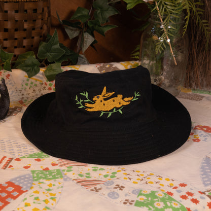Leapin' Bunny Embroidered Black Bucket Hat