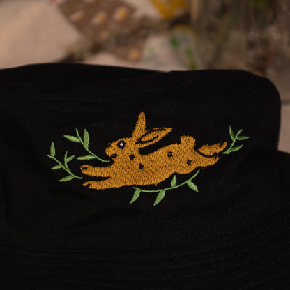 Leapin' Bunny Embroidered Black Bucket Hat