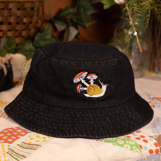 Mushroom Snail Black Embroidered Denim Bucket Hat