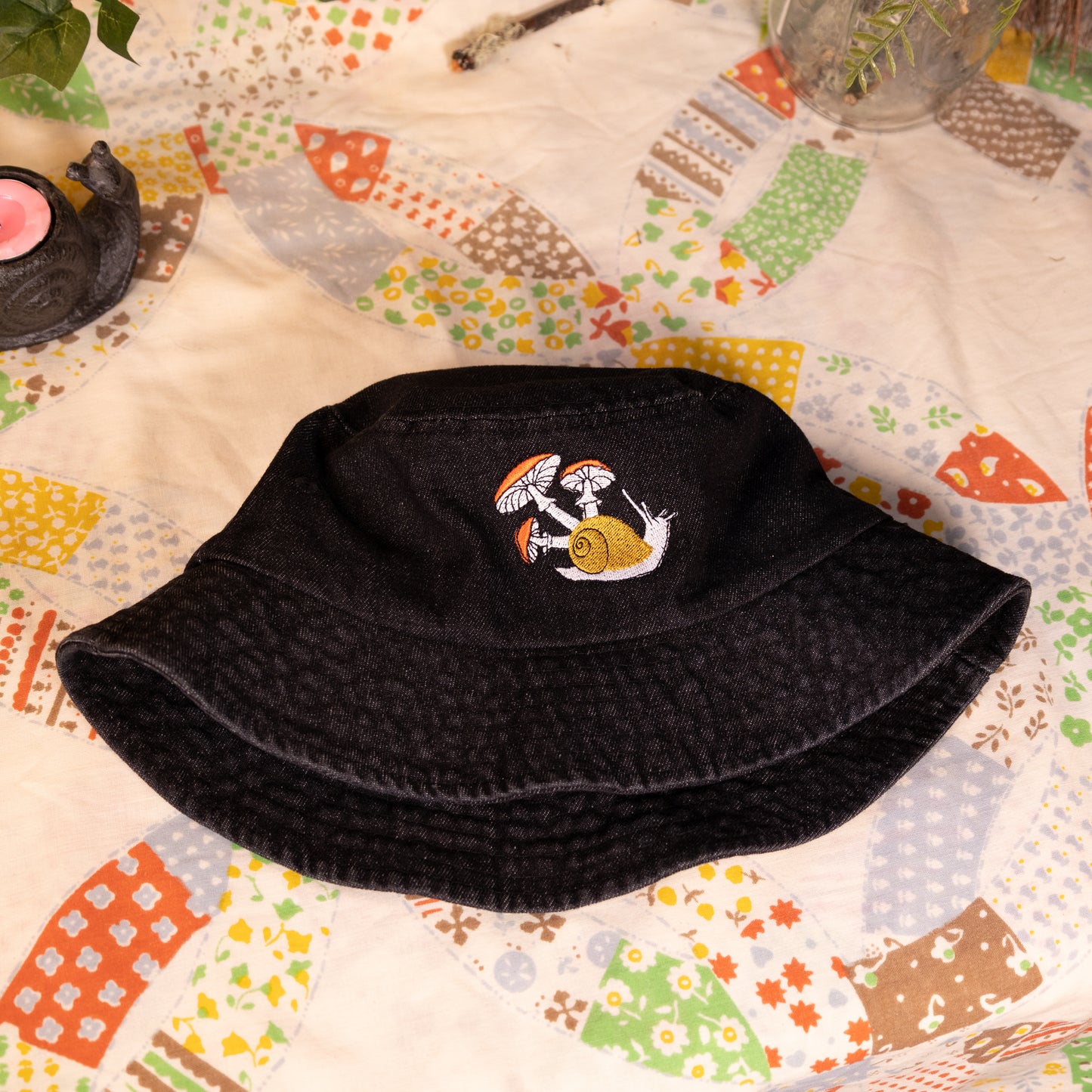 Mushroom Snail Black Embroidered Denim Bucket Hat
