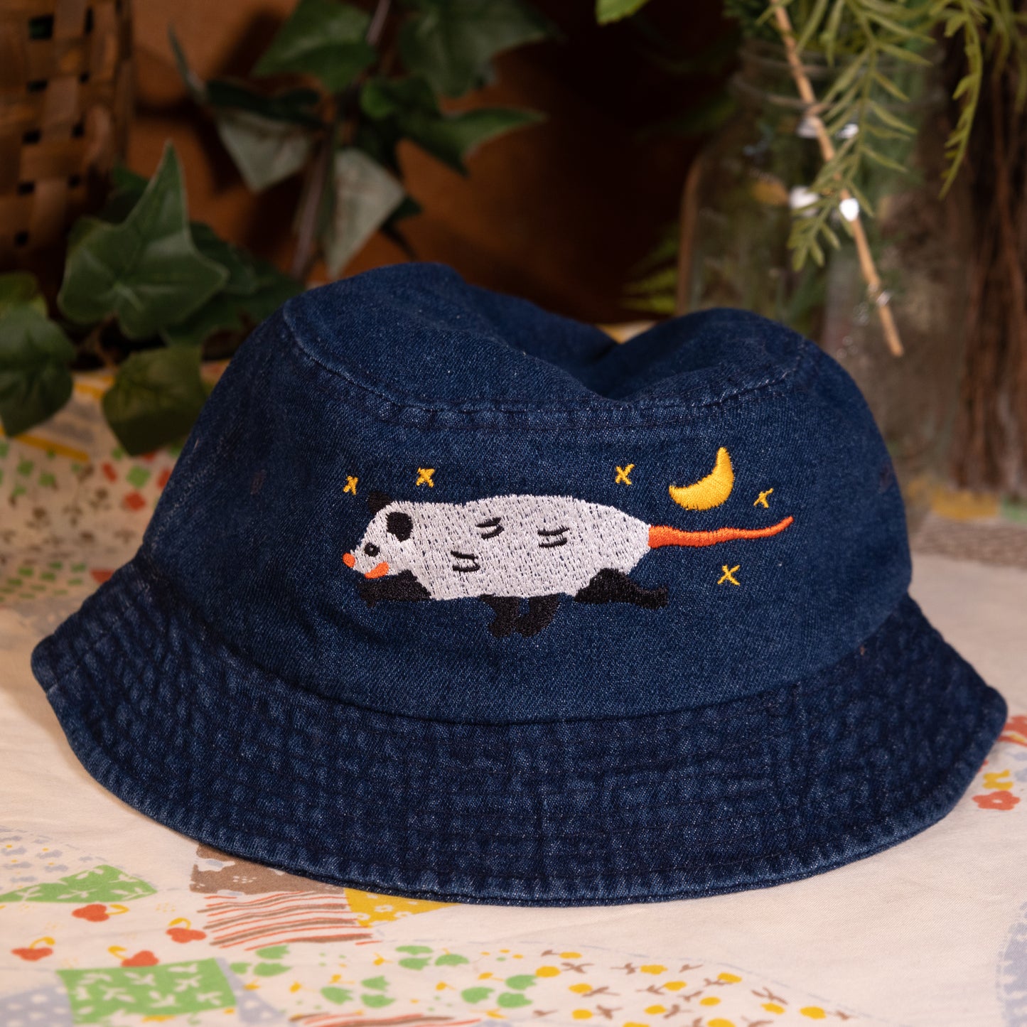 Opossum Embroidered Blue Denim Bucket Hat