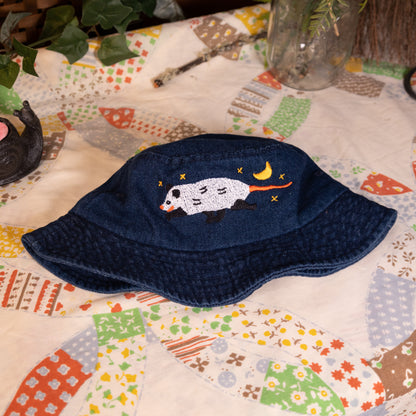 Opossum Embroidered Blue Denim Bucket Hat