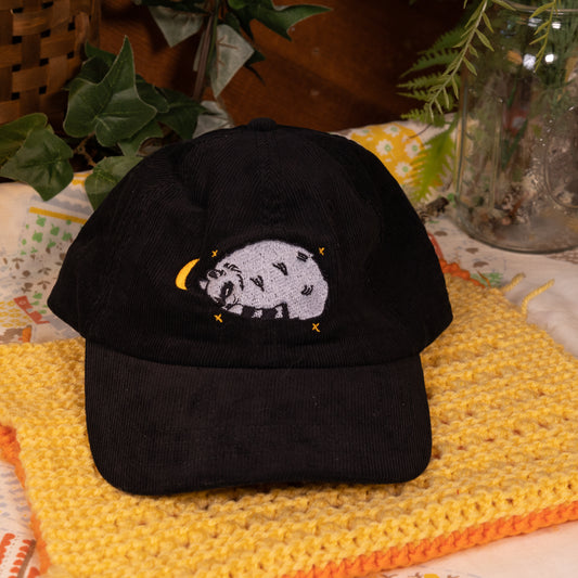 Sleepy Raccoon Black Embroidered Corduroy Cap