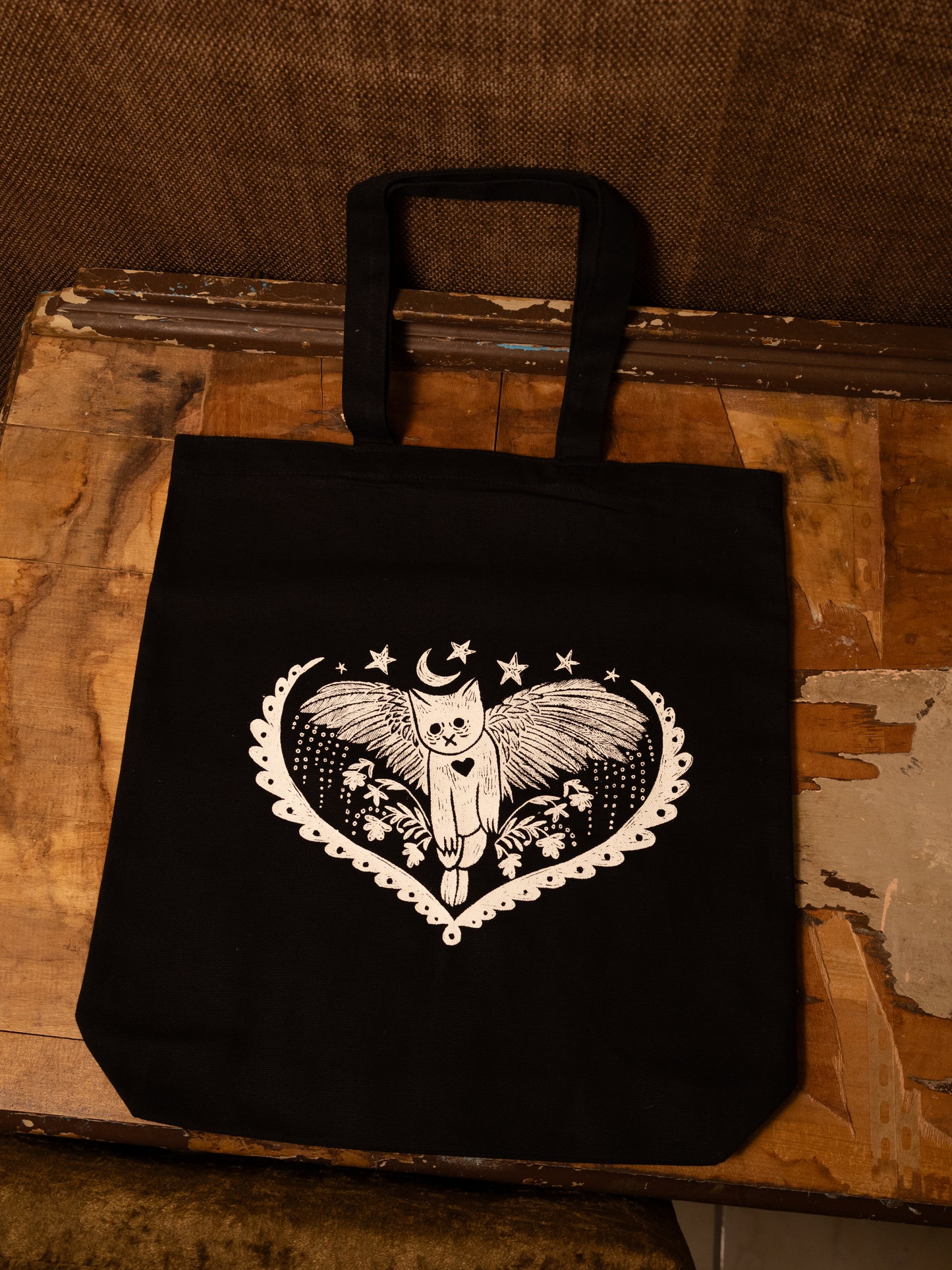 Winged Cat Canvas Tote in Pitch Black