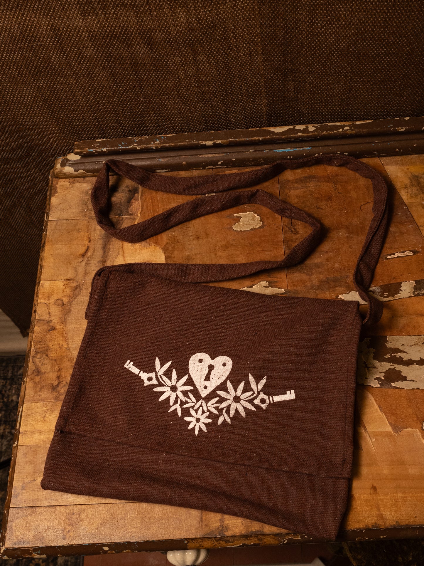 Heart Key Canvas Satchel in Brown