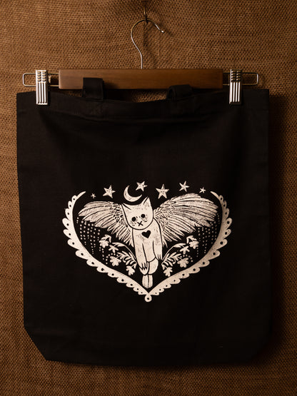 Winged Cat Canvas Tote in Pitch Black